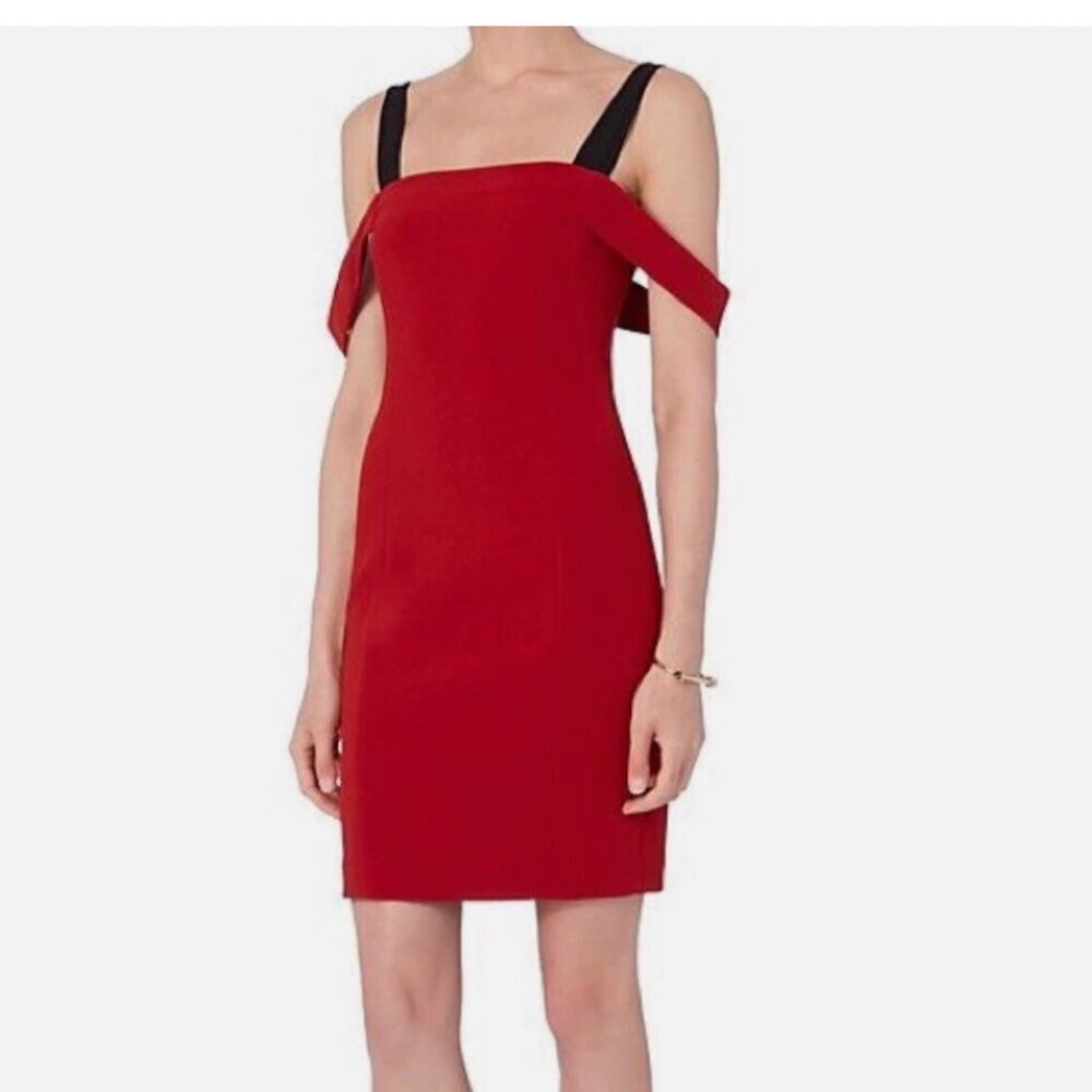 5 a 7 Cinq a Sept red Black Off Shoulder Anova Mini Cocktail Dress